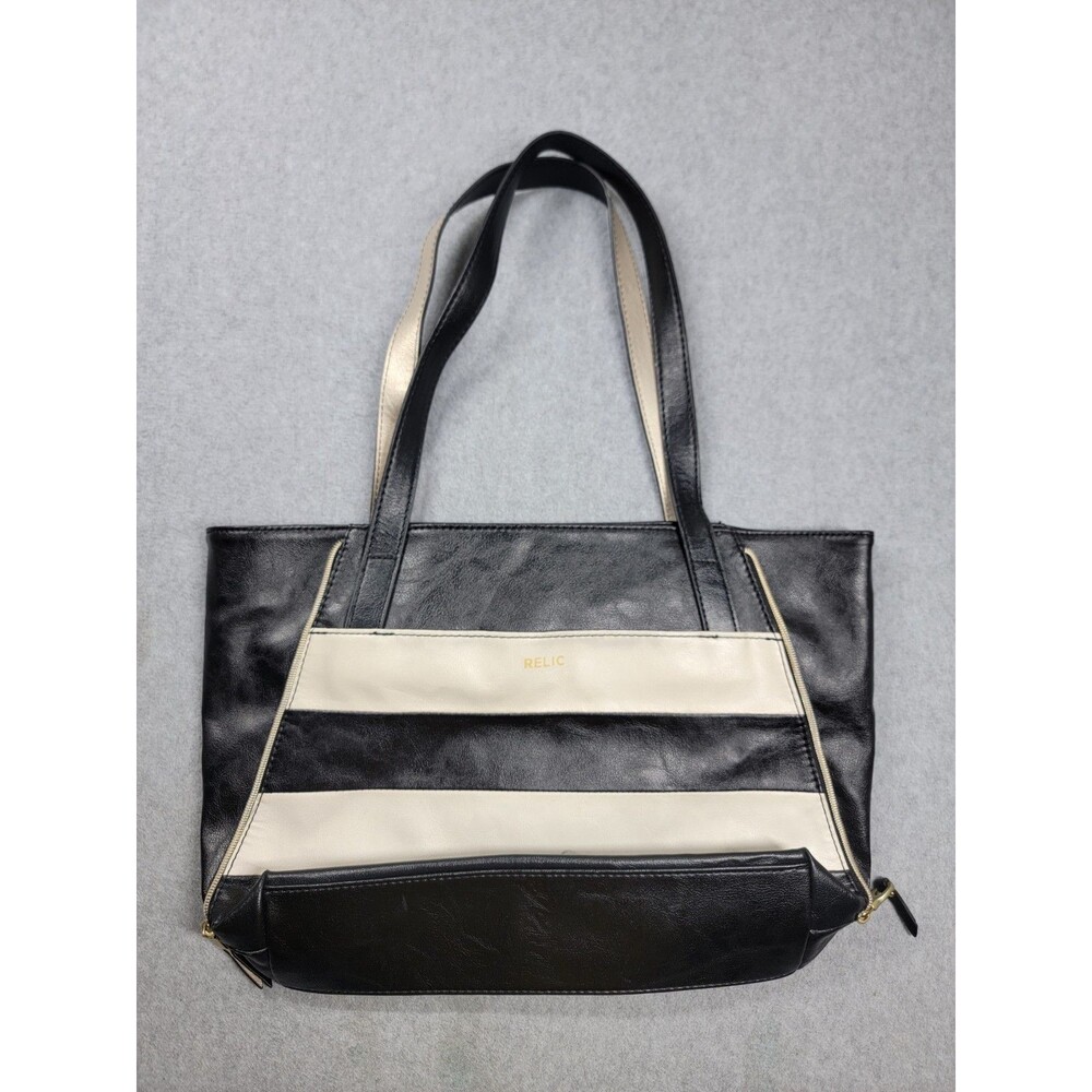 Relic Alexa Leather Black White Stripe Magnetic Double Handles Zip Inner Pockets